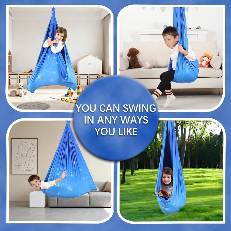 SUCHDECO Sensory Swing, Indoor & Outdoor Sensory Swing for Kids & Adults, Double Layer Therapy Cuddle Swing for Kid with Autism, Holds up to 300lbs, Star-Blue - Image 3